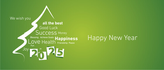 Happy New Year 2025 eve white negative space numbers with abstract christmas tree word cloud green background vector greeting card. 2025 gift under the christmas tree