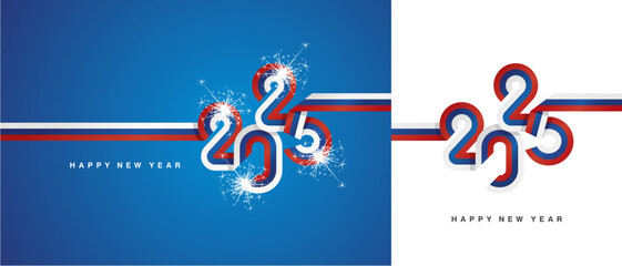 New Year 2025 flag ribbon in the shape of 2025. Abstract white blue red flag of Slovakia shape 2025 logo with sparkle firework isolated on white and blue background