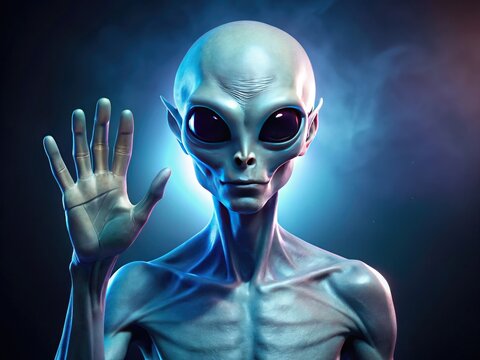 Serene half-human alien raises hand with separated fingers in a logical and iconic gesture, conveying a sense of calmness and rational decision-making.