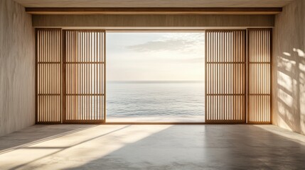 Window with view of beach and sea. Beige empty room interior. Mansard with overlay shadow from sunlight on floor. Stone modern hotel design.