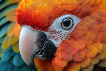 Fototapeta premium hyperrealistic parrot portrait explosion of vibrant feathers closeup on expressive eye textured beak rainbow palette dramatic lighting natures artwork in stunning detail