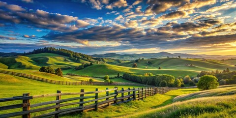 Fototapeta premium Serene morning landscape of rolling hills and green pastures, crisscrossed by rustic wooden fences, under a soft blue sky with scattered clouds.