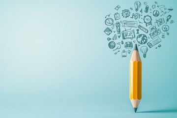 Creative pencil with business icons floating on a blue background