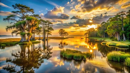 Fototapeta premium Serene sunset casts golden light on rippling waters of marshy bay, with lush greenery and majestic cypress trees surrounding the tranquil, isolated marshmallow-shaped coastline.