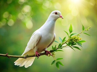 Obraz premium Serene white dove perched on a lush green branch, grasping a delicate olive branch in its beak, symbolizing peace and harmony in nature.