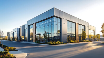 Obraz premium A panoramic view of a modern factory complex with sleek, contemporary buildings and expansive warehouses
