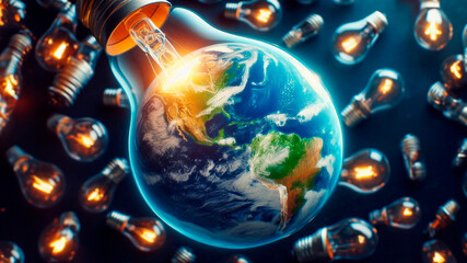 Planet Earth inside a light bulb, close up, top view, detailed image of Earth with vibrant blue oceans and lush green continents
