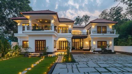 Obraz premium A Modern Two-Story White House with Red Tile Roof at Dusk