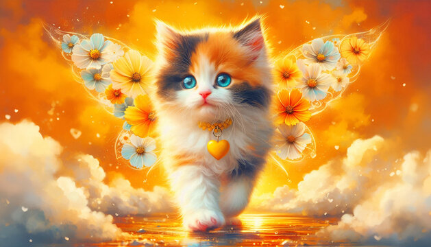 ふわふわでかわいい三毛猫が妖精の羽根に秋のオレンジイエローコスモスの花々を咲かせ夕焼けの海を散歩するイラスト