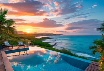 view of patio deck of vacation home with picturesque ocean view with sunset view, pool by the house