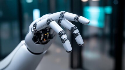 Robotic hand interacting with a digital fingerprint scanner, AI and human interaction, cyber identity