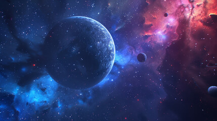 Cosmic elements: A starry sky or planets in a 3D-rendered format, creating the effect of 3D space.