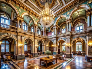 Obraz premium Stately university building interior featuring elegant columns, ornate chandeliers, and lavish furnishings, evoking a sense of academia and refinement in a prestigious educational setting.