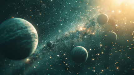 Cosmic elements: A starry sky or planets in a 3D-rendered format, creating the effect of 3D space.