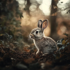 Fototapeta premium Cute baby rabbit in a forest setting, ideal for children's books, nature photography, and wildlife conservation projects