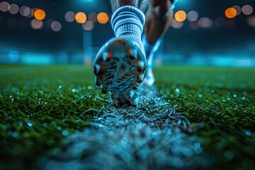 Close-up of a soccer player's foot on the field, ready to kick the ball.