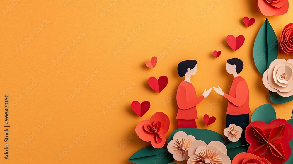 Wall mural A papercut scene of two people talking with hearts and flowers around them, symbolizing the harmony of love and communication