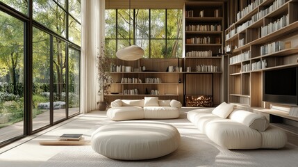 Modern Living Room with Large Windows, Bookshelves, and Comfortable Seating