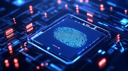 Virtual security conference, holographic fingerprint data presentation, tech backdrop