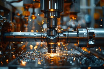 Closeup of a CNC machine cutting a metal rod with sparks flying.