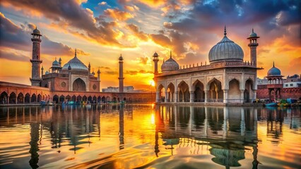 Fototapeta premium Sun-kissed Jama Masjid's majestic dome and arches stand tall amidst vibrant Indian market activity, reflected in the tranquil Numa lake waters at sunset.