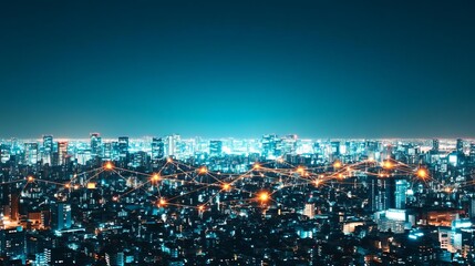 Naklejka premium Cityscape at night with data connections visualized as glowing lines connecting buildings, smart city, urban data network