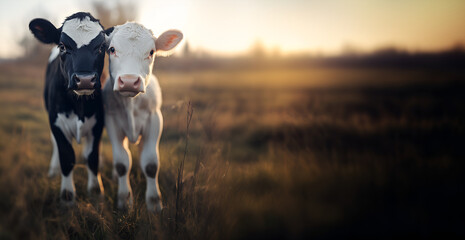 portrait of two cute babycows on the green meadow; copy space; livestock backdrop