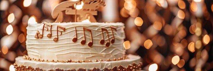 Birthday cake adorned with musical notes and copper details