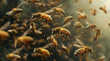 Fototapeta premium Cinematic shot of bees swarming towards camera