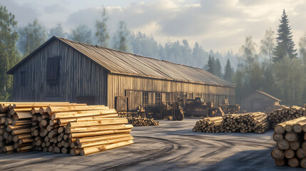 A sawmill warehouse with large piles of wooden boards stacked outdoors