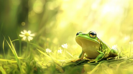 Obraz premium Green Frog in a Sunny Meadow