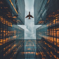 Airplane Flying Over Towering Skyscrapers and Blue Sky