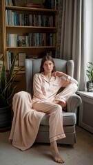 Obraz premium Cozy Elegance: Woman in Soft Pink Pajamas