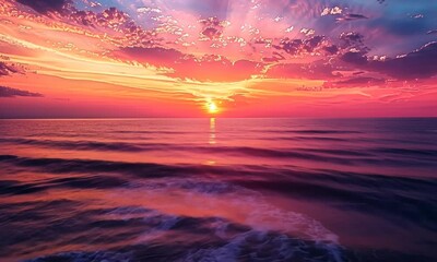 A tranquil sunset over a calm ocean, the sky ablaze with hues of orange, pink, and purple. Video