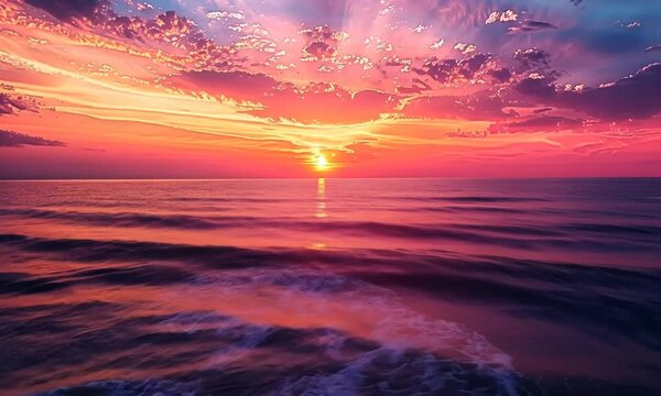 A tranquil sunset over a calm ocean, the sky ablaze with hues of orange, pink, and purple. Video
