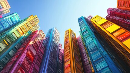 Abstract Colorful Skyscrapers with a Blue Sky Background