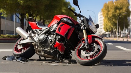Severe traffic accident scene featuring a damaged motorcycle and a car collision aftermath