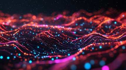 Digital data flow, luminous particles, holographic streamlines, dark cosmic backdrop