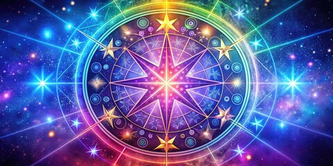 Vibrant astrology-inspired illustration featuring a stylized star symbol surrounded by twelve zodiac signs, set against a radiant blue and purple cosmic background with subtle texture.