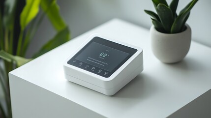 An portable air quality monitor with a sleek design and digital readout