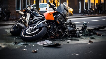 Severe traffic accident scene  a damaged motorcycle and car after a devastating collision