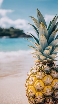 Pineapple on sandy beach with ocean waves, tropical paradise concept
