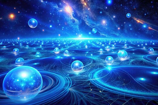 Vibrant blue field with scattered, glowing, rounded shapes, and fine, swirling lines, evoking an entoptic phenomenon, as if gazing into a mesmerizing celestial expanse.
