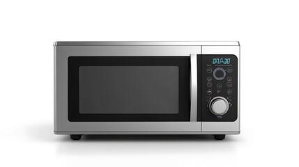 An advanced, microwave oven with a smooth, metallic exterior and digital display, isolated on a bright white surface.