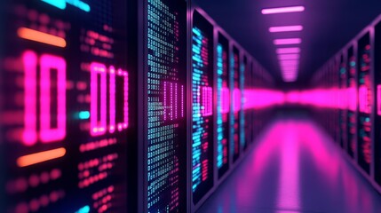 Obraz premium Futuristic data center, neon-lit server racks, glowing binary code, high-tech environment