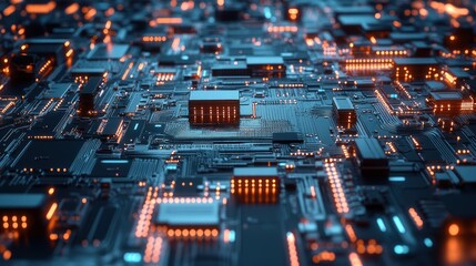 Abstract Circuit Board with Glowing Orange Lights