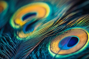 Obraz premium Close-up of a peacock feather, highlighting its vibrant hues and detailed texture, representing elegance, beauty, and natural patterns