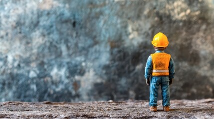 Small construction worker stands alone on a weathered surface