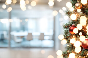 Close-up of a christmas tree decorated with red baubles and fairy lights, creating a festive atmosphere in a blurred office environment