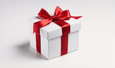 Fototapeta premium A white gift box with a red ribbon sits on a white background